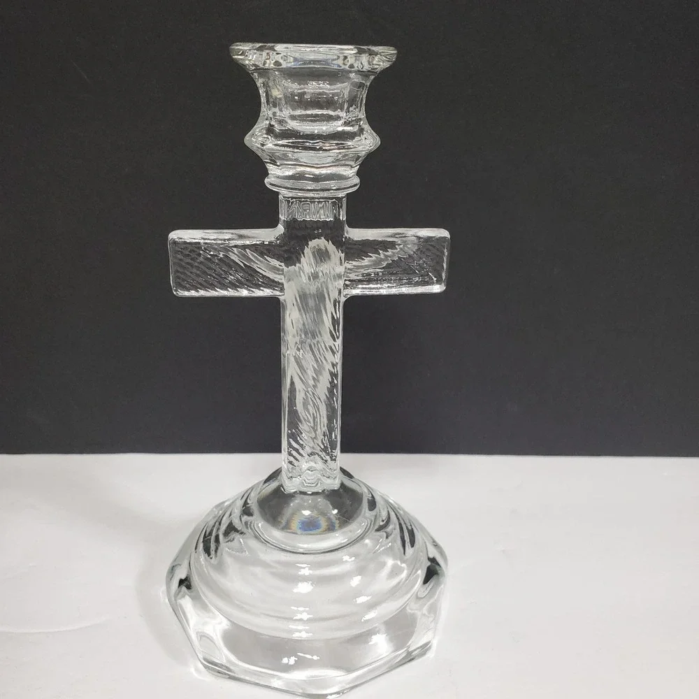 Crucifix Candlestick Holder Religious 7in Clear Frosted Glass v‎